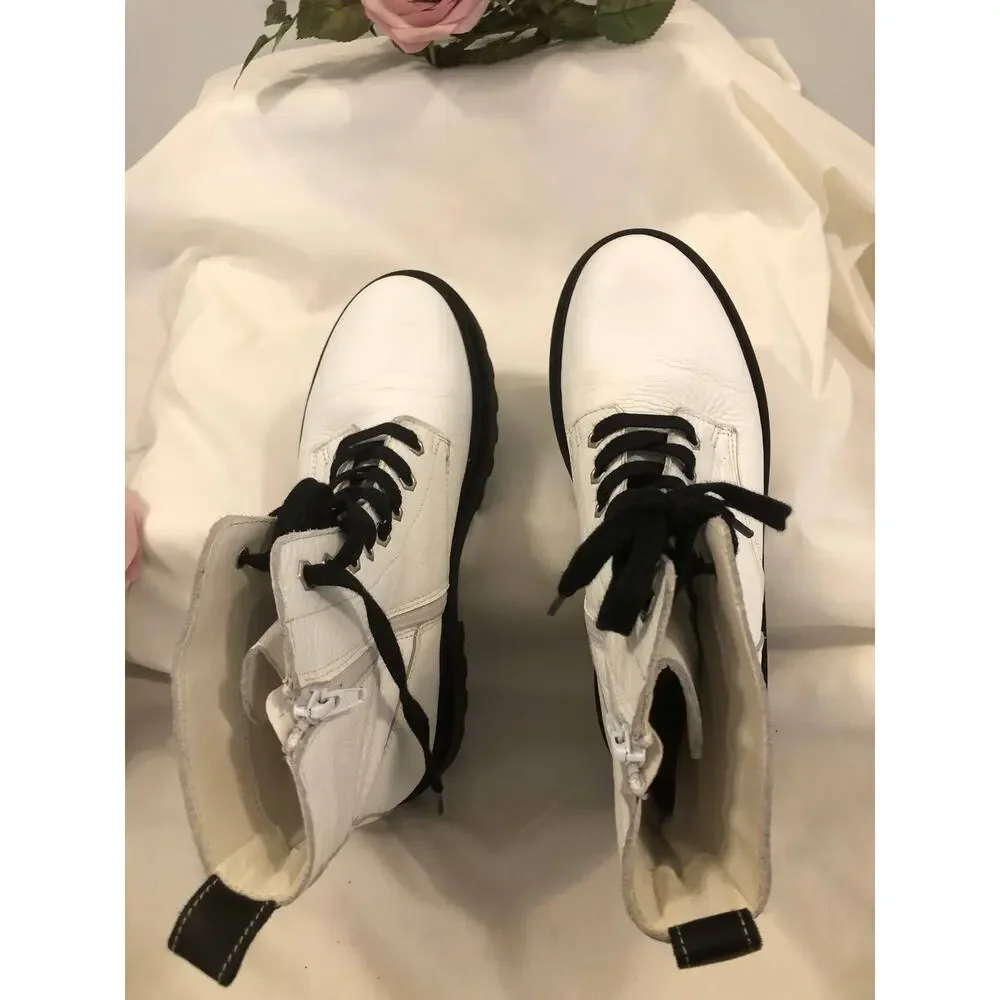 Steve Madden Combat Boots Women Size 9.5 White Black Lace Up Chunky Sole Zipper‎